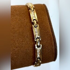 GOLD tone rectangular crystal rhinestone cubic zirconia link bracelet adjustable